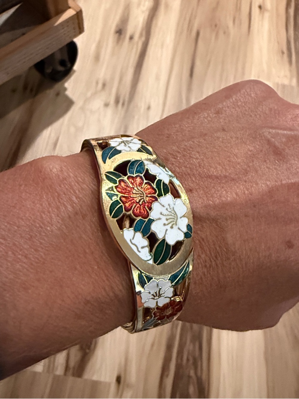 Vintage Floral Cloisonné Gold-Tone Bracelet